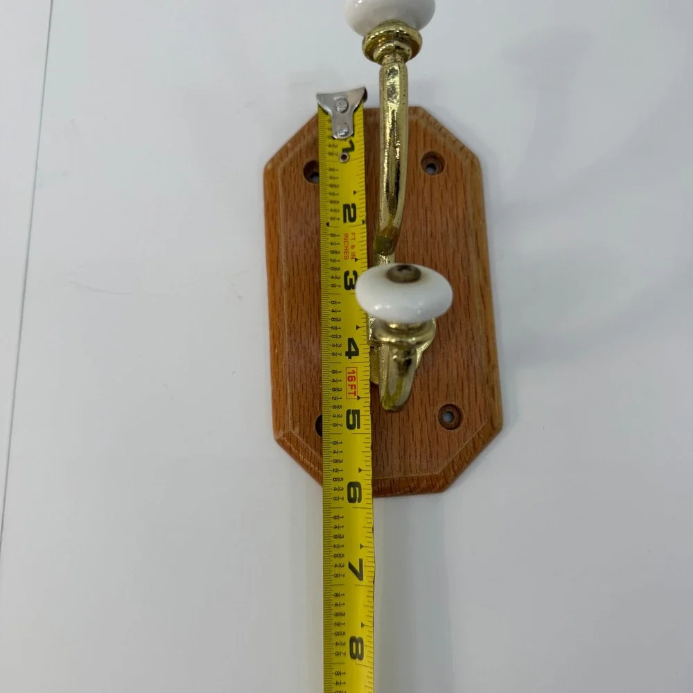 Vintage Brass and Ceramic Double Wall Hook on Oak Wood Base Coat Hat Rack